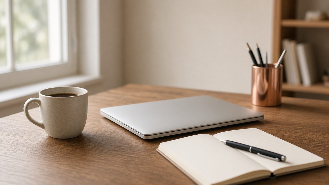 Professional working at a clean desk with laptop and notes